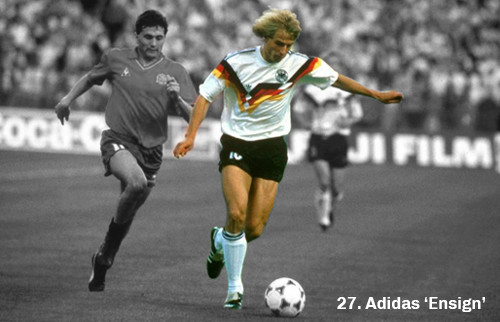 Graphic showing a picture of West Germany player Jurgen Klinsmann wearing the Adidas 'Ensign' template