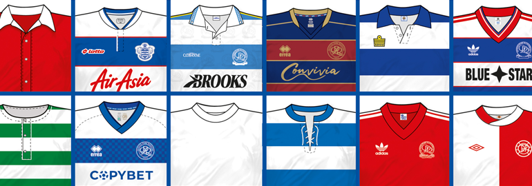 Pictures of QPR shirts, taken from the front cover of the book QPR: Hoops Through History