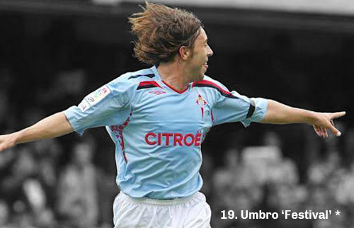 Graphic showing a picture of a Celta Vigo player wearing a kit based on the Umbro 'Festival' template