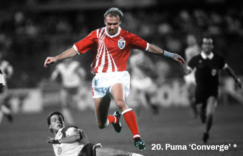Graphic showing a picture of an Austria player wearing a kit based on the Puma 'Converge' template