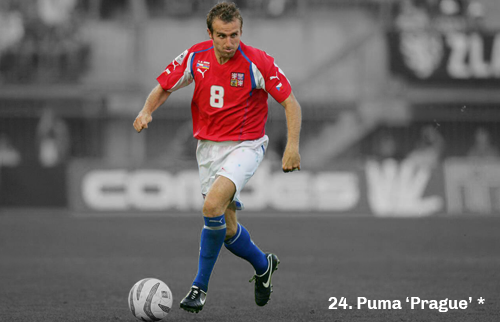 Graphic showing a picture of a Czech Republic player wearing a home kit based on the Puma 'Prague' template
