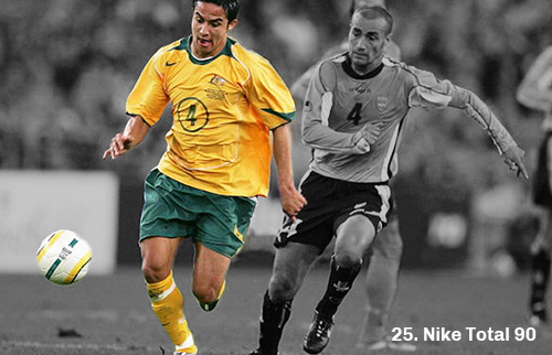 Graphic showing a picture of an Australia player wearing a home kit based on the Nike Total 90 template