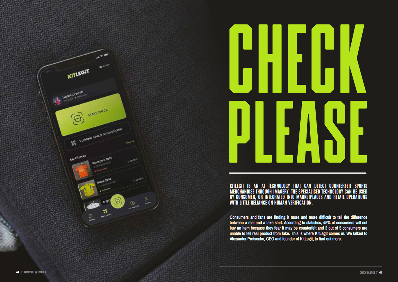 Double page spread showing an article about the Kitlegit app from Kitscene, issue 1