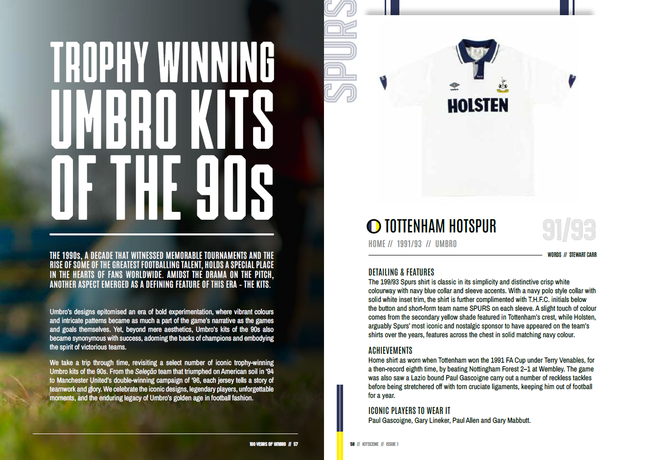 Double page spread showing an article about Umbro kits from Kitscene, issue 1